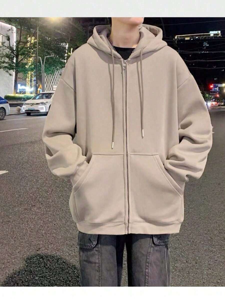 Open-Front Sweatshirt With Zipper And Hood For Cold Weather, Winter, Plain Jacket. - Khaki - View 1