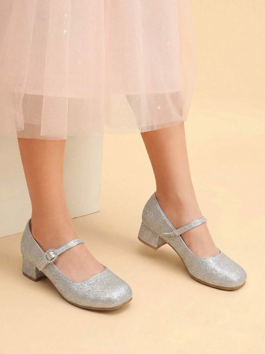 Girls Dress Shoes Mary Jane Low Heels Flower Wedding Party Pump Prom Footwear For Little/Big Kids - 銀色 - 查看 1