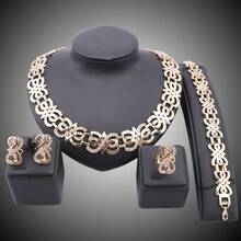 Gold Plated Jewelry Set For Women, Vintage Link Necklace Bracelet Earring Ring Set With Rhinestone, Fashion Party Wedding Accessory - 4 Piece Set - View 13
