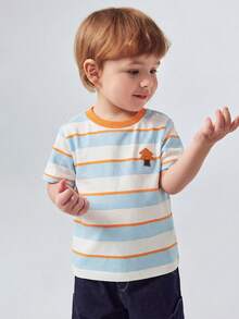 mini bala Áo thun ngắn tay kẻ sọc 100% cotton cho trẻ em, áo kiểu dáng thoải mái, thoáng khí, phối màu dành cho bé vào mùa hè. - tông màu xanh trắng - Xem 3