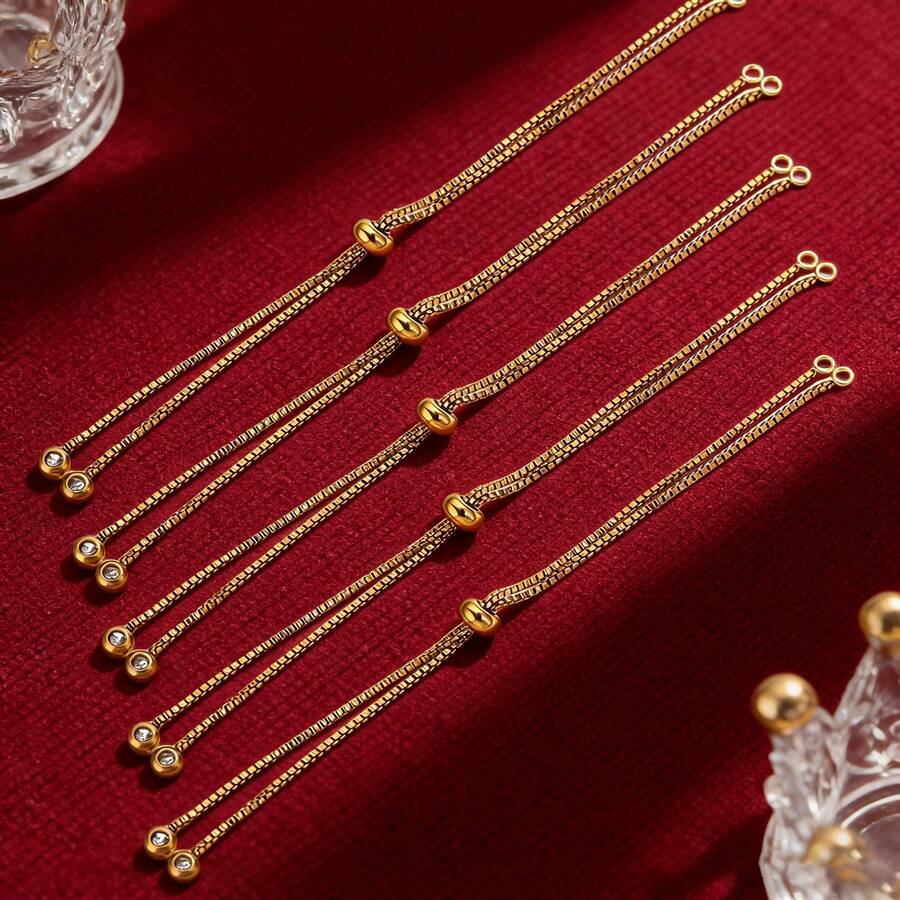 3pcs Stainless Steel Adjustable Sliding Chain With 2 Rings, DIY Jewelry Bracelet Accessories - Golden 1 - View 1
