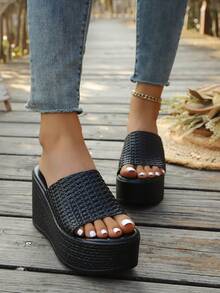 女士坡跟厚底凉鞋，休闲度假风豹纹厚底拖鞋，坡跟时尚优雅厚底防水鞋 - 黑色 - 查看 2