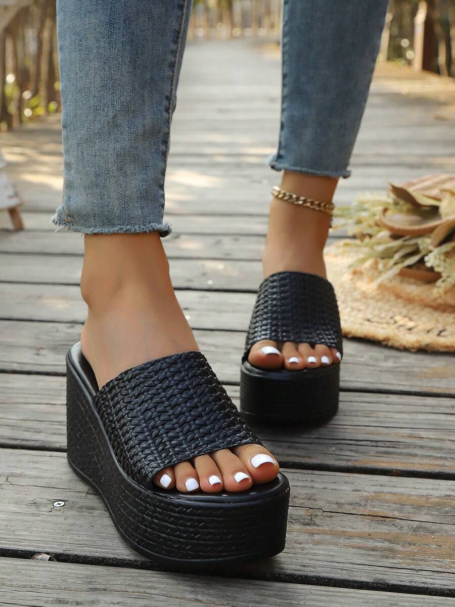 女士坡跟厚底凉鞋，休闲度假风豹纹厚底拖鞋，坡跟时尚优雅厚底防水鞋