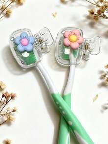 2pcs Colorful Floral Pattern Toothbrush Holder, Mini Resin Flower Design Toothbrush Clip, Portable Toothbrush Case, Suitable For Home, Dorm, Bathroom, Travel, Camping, Dorm Essential, Bathroom Toothbrush Rack, Holiday Essential, Toothbrush Cover, Bathroom Supplies, Home Decor, Camping Essential, Travel Essential, Easy To Carry - Multicolor - View 8