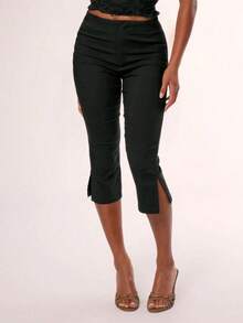 Quần legging lửng cạp cao xẻ gấu dành cho nữ - Quần capri co giãn thoải mái mùa hè màu đen - màu đen - Xem 1