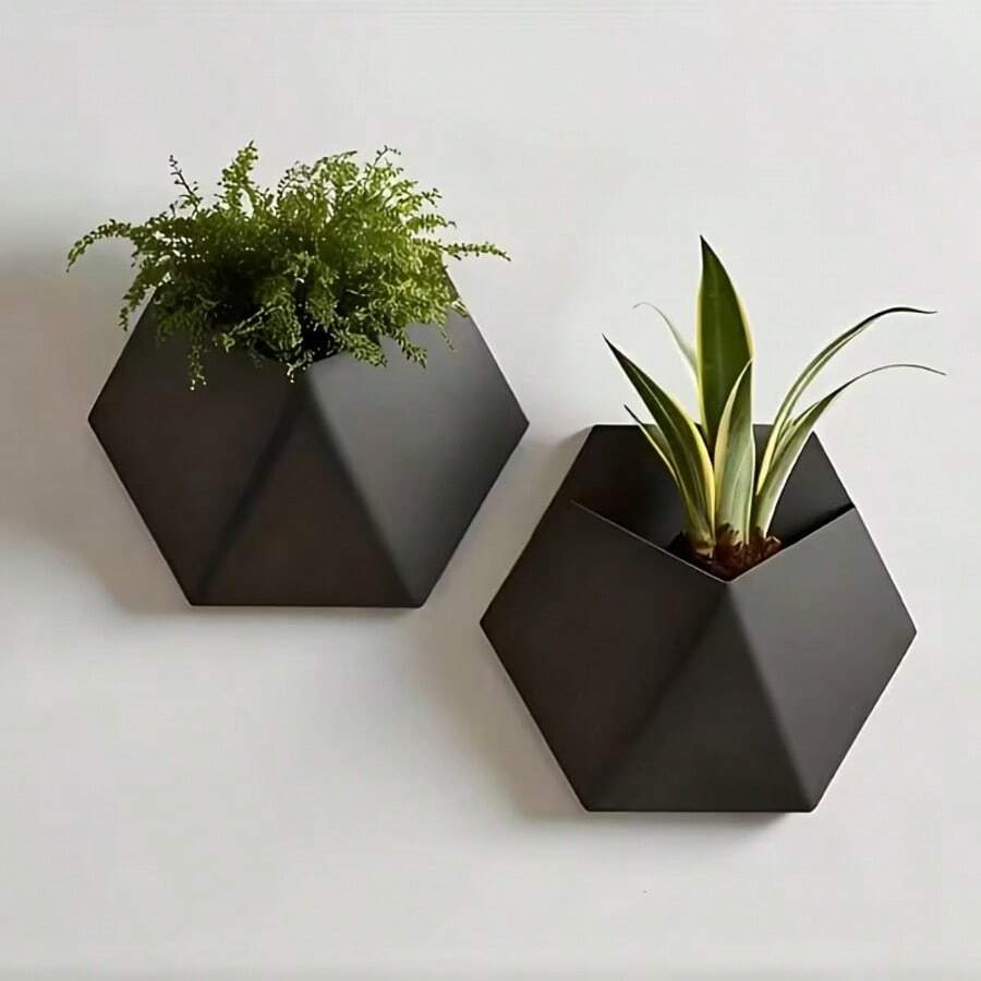 1 pezzo Vaso da parete esagonale nero, design unico minimalista, facile installazione con fori, adatto per decorazione a parete e posizionamento di piante, uso interno ed esterno, decorazione minimalista moderna, archiviazione per ufficio e casa, vaso pensile interno/esterno per soggiorno e studio - B - Visualizzare 1