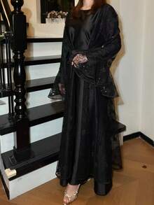Plus Size Lace Abaya Set, Includes Slip Dress, 2 Pieces Set, Elegant & Dignified Abaya With Sequin Lace Black Fall - Black - View 6