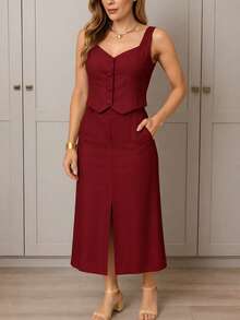 Elegant Women's Tailored Skirt And Vest Set - Maroon - View 3