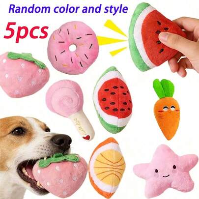Combo de 5 piezas de juguetes chillones de colores y estilos aleatorios para mascotas, ayuda a las mascotas a aliviar el aburrimiento, limpieza de dientes, adecuado para perros pequeños/medianos, surtido de muñecos de peluche para masticar