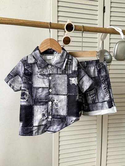 Bộ quần áo thường ngày 2 món cho bé trai, áo sơ mi ngắn tay và quần short phối denim, trang phục thoải mái, phù hợp cho sinh hoạt hàng ngày và các hoạt động ngoài trời.