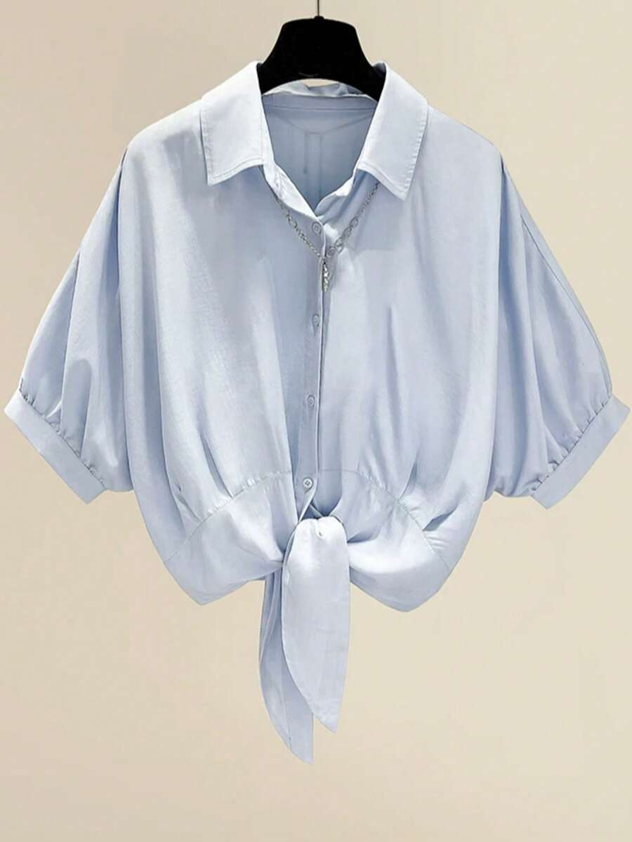 女士纯色蝙蝠袖纽扣打结休闲通勤优雅衬衫,夏季上衣 - 淺藍 - 查看 1