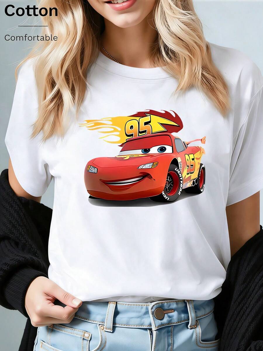 Disney Pixar Cars Lightning McQueen #95 Oversized T-Shirt: White Loose Fit Cotton Tee With Lightning McQueen Graphic, Perfect For Car Fans, Theme Park Visits And Casual Wear, Ideal Gift - White - View 1
