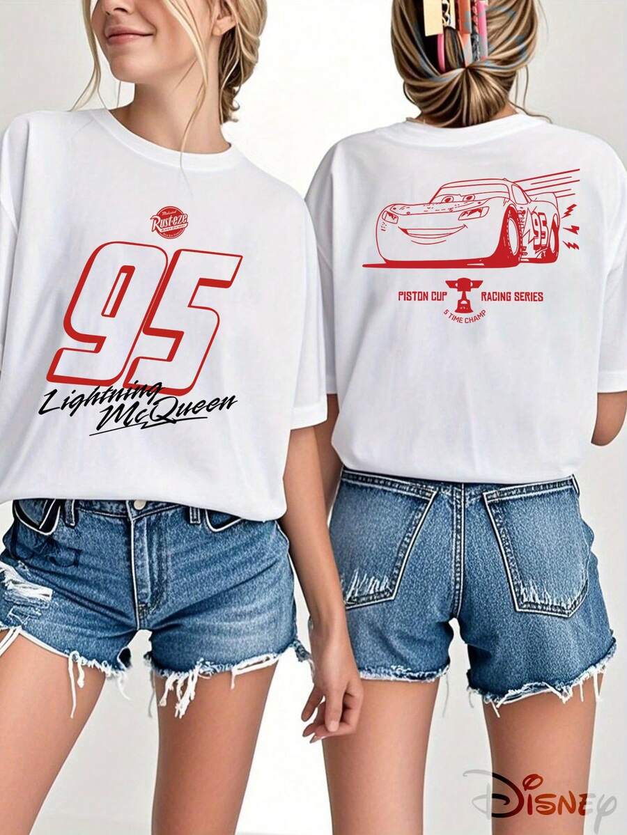Autorización genuina de Disney, Camiseta de mujer 100% algodón con estampado sencillo de patrón rojo de Cars Story - Estampado de dibujos animados creativos, tela ligera y transpirable, cuello redondo regular, camisa casual de verano, Camisa Disney salvaje en negro y blanco, regalo para vacaciones, unisex. - Blanco - Ver 1