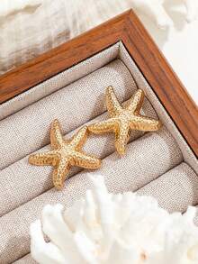 1 pieza Pendientes con forma de estrella de mar, elementos de estrella de mar exagerados, pendientes sencillos de moda para mujeres - Plateado - Ver 3