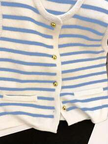 Spring/Summer New Women Sleeveless Striped Waistcoat Versatile Rejuvenating Layered Metal Button Knit Cardigan Vest - Blue Stripes - View 5