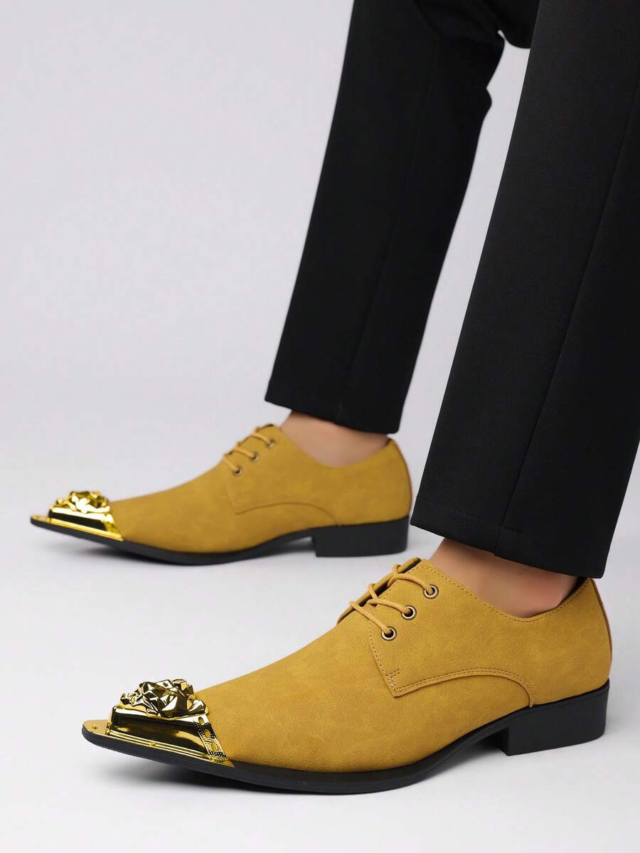 1 par de zapatos casuales y de negocios de suela de goma y piel de PU con puntera de metal para hombre, adecuados para uso diario - Amarillo - Ver 1