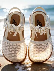 Breezelady Girls' 2026 Summer New Style Wrapped Toe Woven Princess Sandals, Pearl Bow Soft-Soled Beach Shoes - Beige - View 4