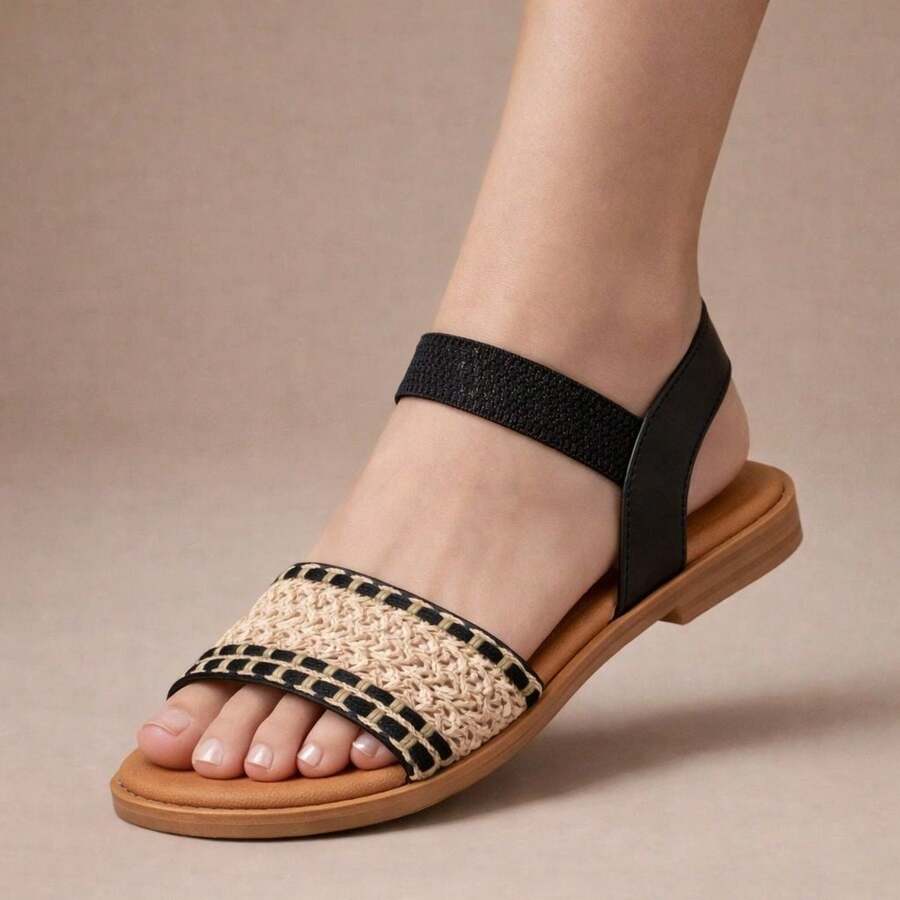 Flat Sandal With Elastic, Orthopedic, Beach, Vintage, Bohemian Style. - sợi tricro đen - Xem 1