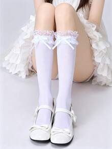 1双女士白色蕾丝蝴蝶结过膝袜 | 洛丽塔风格可爱甜美 | 荷叶边卡哇伊设计 | 完美搭配洛丽塔时尚和甜美装扮 - 彩色 - 查看 3