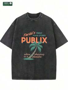 Florida Publix Graphic Modern Streets Tees, Pure Cotton Vintage Water Washed Men's T - Shirts, Gifts For Family And Friends, With Drooping Shoulder Sleeves And Round Neck - màu đen - Xem 2