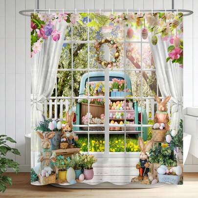 1pc Easter Sweet Rabbit Easter Egg Shower Curtain, Fashionable Plant And Animal Printed Shower Curtain For Easter Festival Decoration, Suitable For Various Room And Bathroom Decoration Partitions, Bathroom Accessories Shower Bathtub Curtains