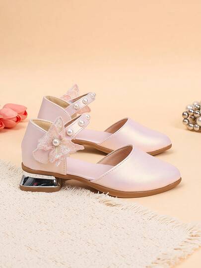 1 Pair Girls' Sweet Princess Thick Heel High Heels, Spring/Summer New Fashion Pink Lace Flower Pearl Design, Very Comfortable To Wear