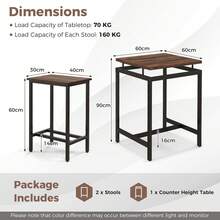 COSTWAY 3 Pieces Bar Table Set, Square Counter Height Table With Stools, Floating Tabletop & Footrest, Industrial Pub Table Set For Small Space, Breakfast Nook, Kitchen, Rustic Brown - Brown - View 7