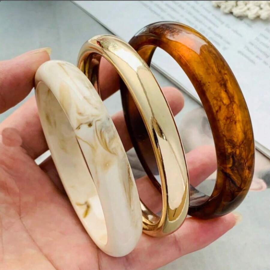 3pcs Fashionable Dual-Tone Tiger Eye Resin Bracelet, Suitable As Gift For Family And Friends - Multicolor - View 1