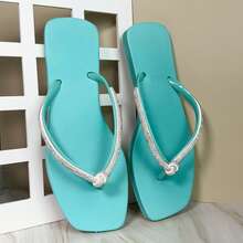 Women's Comfortable Black Square Toe Flip-Flop Sandal With Rhinestone Strap And Bow - Mint Green - View 2