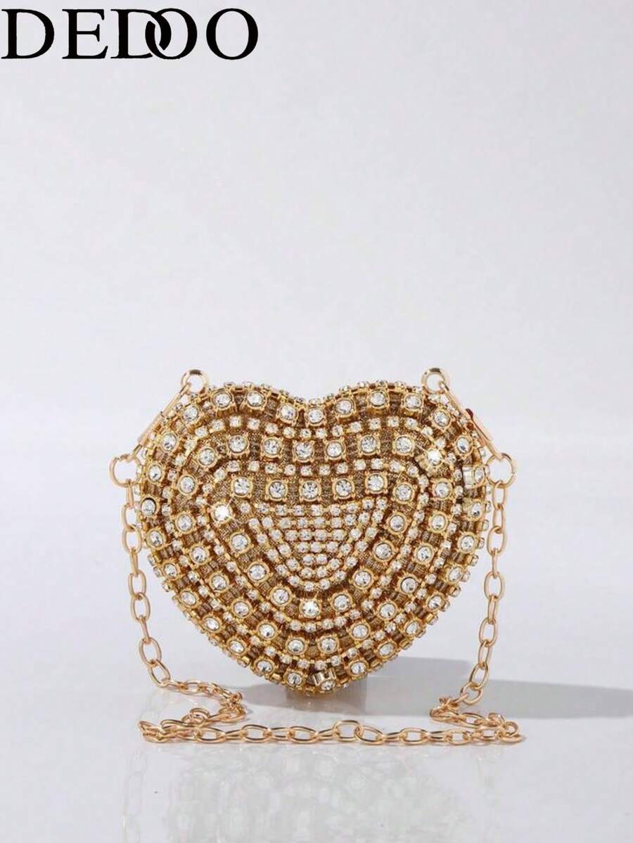 Dedoo Shiny Retro Crystal Inlaid Mini Lipstick Case, Elegant Lady Handbag, Shoulder Bag, Coin Purse, Chain Bag Suitable For - Gold - View 1