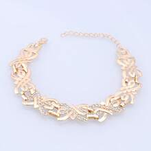 Gold Plated Jewelry Set For Women, Vintage Link Necklace Bracelet Earring Ring Set With Rhinestone, Fashion Party Wedding Accessory - 4 Piece Set - View 6