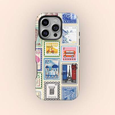 Vintage telefoonhoesje met collage van reispostzegels, retro patchwork met postzegelmotief, unisex, compatibel met iPhone 17 16 15 14 Plus 13 12 11 Pro Max