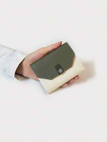 Everyday Essential Two-Tone Mini Wallet For Women - 5 Card Slots, 1 Photo Window, PU Leather With Sunflower Button, Compact Tri-Fold Design - Multicolor - View 9