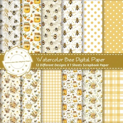 12pcs Watercolor Honey Bee Scrapbook Paper, Artistic Patterns Craft Paper For Scrapbooking, Card Making, Journaling, Photo Album And Origami, Decorative Background Paper