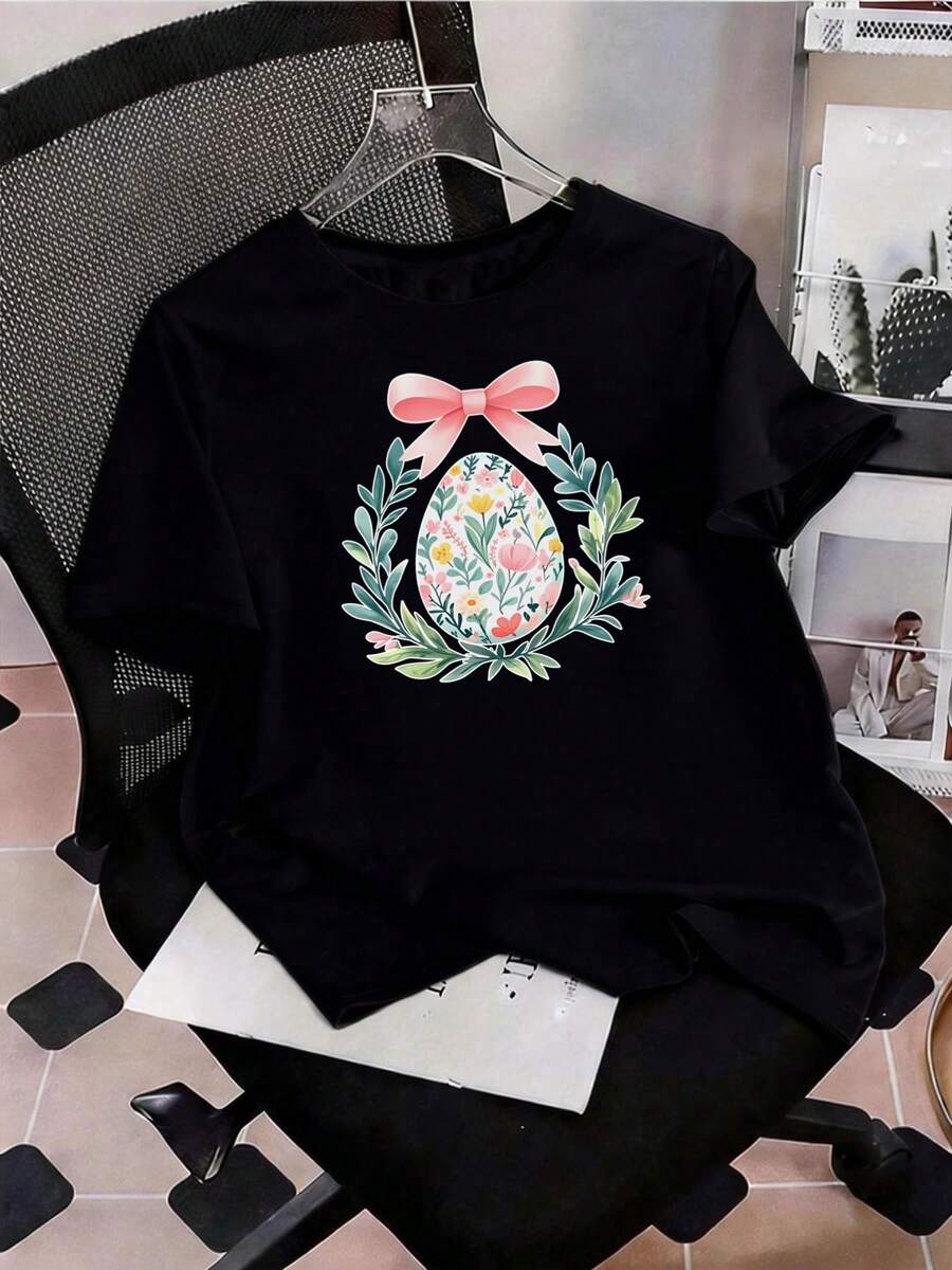 1pc Camiseta De Mujer Talla Grande Con Estampado De Huevos De Pascua Y Lazo Rosa - Blusa De Cuello Redondo Y Manga Corta, Ajuste Casual Y Deportivo, Ideal Para Mejores Amigas, Conjuntos A Juego, Outfits De Primavera, Uso Todo El Año, Lavable A Máquina - [Negro] - Ver 1
