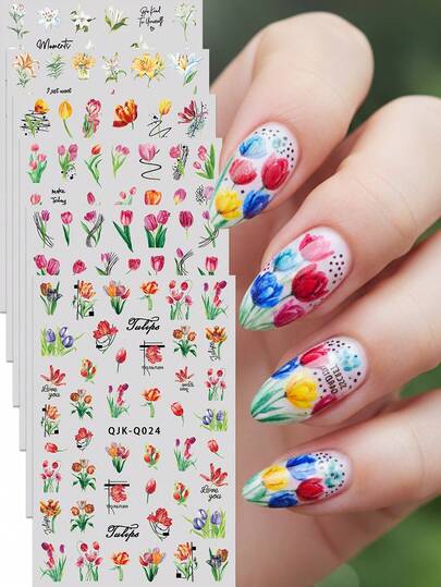 6pcs Garden Tulip Nail Art Stickers - Vintage Painting Style Colorful Nail Decals, Suitable For Spring/Summer, St. Patrick's Day, Wedding, Picnic DIY Manicure