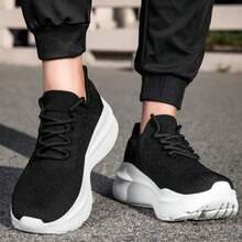 Zapatos Transpirables con Cordones Antideslizantes para Hombre | Parte Superior de Tela Casual, Suela MD, Punta Redonda, Color Sólido para Jogging y Caminar, Tejido de Punto - Negro - Ver 5