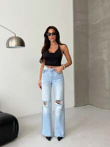 SQUALO Women's Street High-Waisted Style Retro Wash Straight Leg Going Out Jeans - Blue - View 6