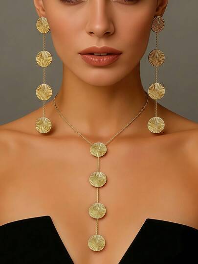 2pcs/Set Luxury Minimalist Style Gold Alloy Spiral Textured Geometric Round Pendant Earrings + Y-Shaped Necklace, Women's Evening Dress Accessories, Party Jewelry