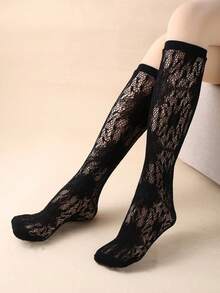 5双装女士黑色蕾丝中筒袜，蕾丝薄纱时尚短袜 - 彩色 - 查看 6
