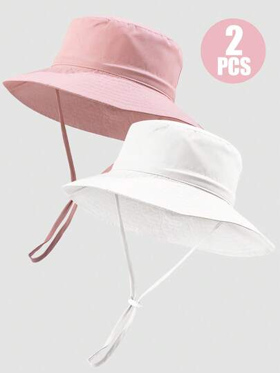 2pcs Children Adjustable Pure White And Light Pink Color Sun Ion Breathable Daily Casual Bucket Hat, Suitable For Outdoor Activities And Everyday Use.
