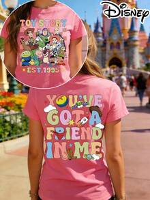 Disney Authorized Women's Casual Short Sleeve T-Shirt, Toy Story Themed, Double-Sided Print, Front With Character Collage, Back With "You've Got A Friend In Me", Breathable, Perfect For Daily Wear - 粉色 - 查看 2
