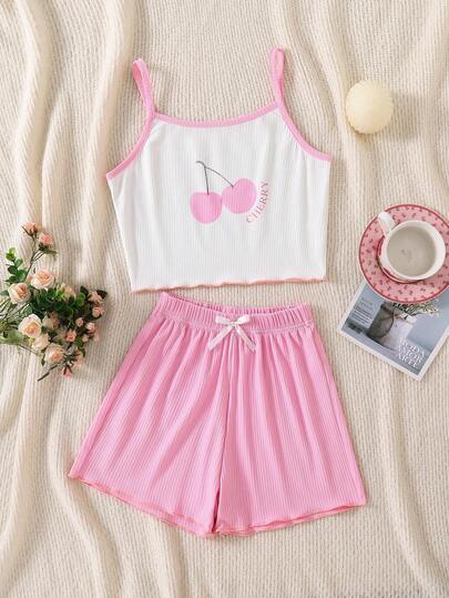 2pcs/Set Girls' Spring/Summer Camisole Pajamas, Pink Sakura Knit Camisole With Solid Color Shorts, Elastic Waist Design With 3D Bow Decor, Casual Sleepwear Suitable For Spring/Summer, Holidays, Pajama Parties