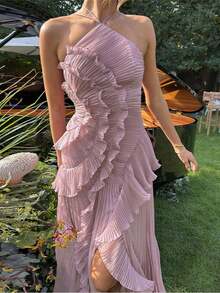 WT-2026 Hot Selling Women Ruffle Hem Pleated Sheer Mesh Long Maxi Dress Sleeveless Halter Neck Irregular Tiered Flowy Long Maxi Dresses For Wedding Guest Summer Holiday Beachwear ElegantMaxiDress. - 藕粉色 - 查看 12
