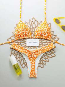 Set de 2 piezas Bikini de traje de baño con estampado de leopardo, sexy y con cordones en la espalda, adecuado para la playa, actuaciones en el escenario y vacaciones de verano - Naranja - Ver 1