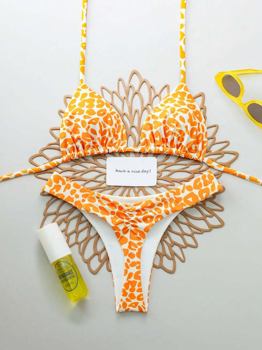 Set de 2 piezas Bikini de traje de baño con estampado de leopardo, sexy y con cordones en la espalda, adecuado para la playa, actuaciones en el escenario y vacaciones de verano - Naranja - Ver 1