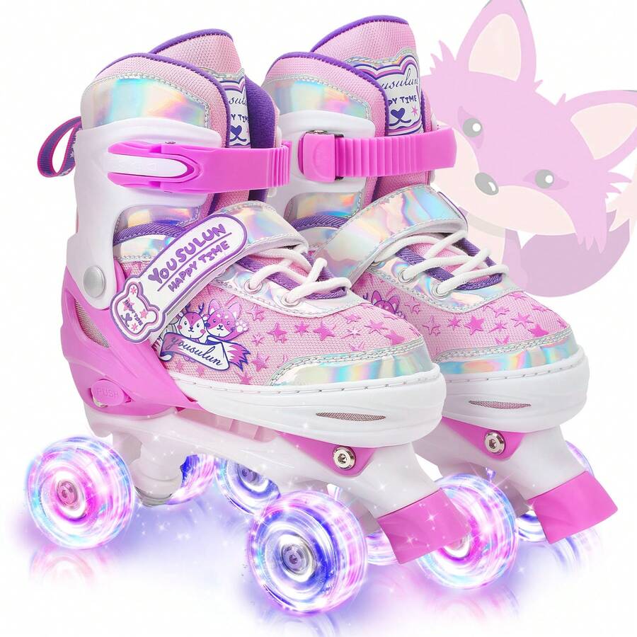 yousulun Children's Roller Skates, Roller Skate Shoes For Boys & Girls, Outdoor Roller Skating Shoes For Beginners, 4 Sizes Adjustable, Cute And Funny Birthday Gifts For Kids - 粉色 - 查看 1