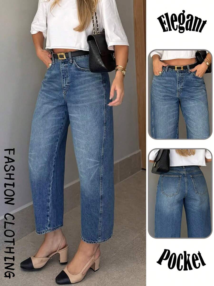 Y2K 优雅女士蓝色水洗宽松休闲锥形牛仔裤度假街头风复古水洗牛仔裤，2026 春夏款 - 藍色 - 查看 1
