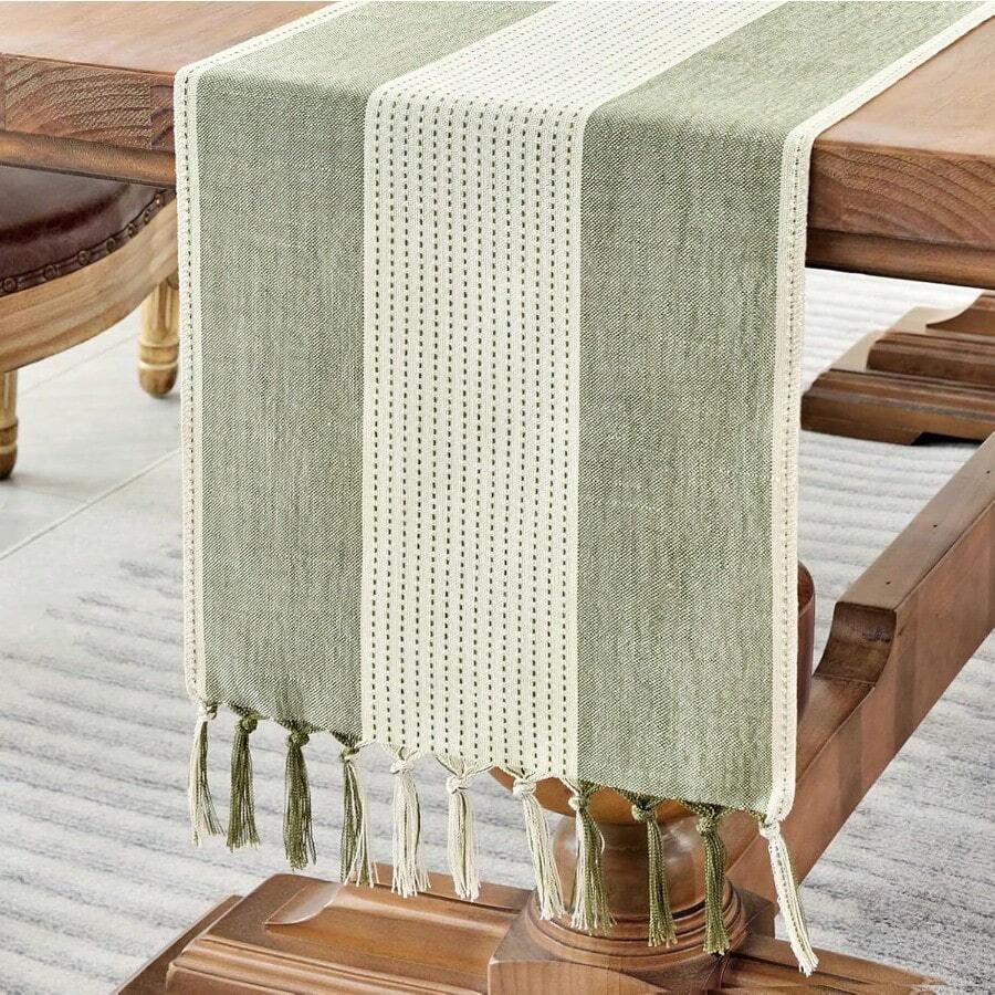 Table Runner With Hand-Tassels, Macrame Table Runner For Holiday Parties And Everyday Use - Sage Green - View 1