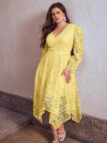 Simplee Plus Size Women's Summer New Lace Trim Patchwork Dress, V-Neck Design, Asymmetric Hem, Suitable For Party, Wedding, Birthday, Vacation Elegant - Yellow - View 2